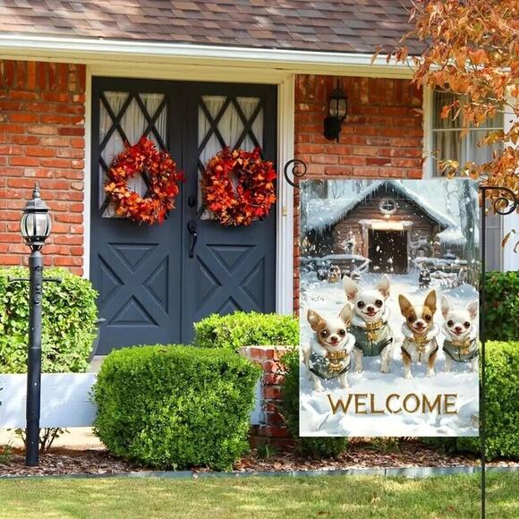 Chihuahua Dogs Welcome Flag Banner for Lawn and Garden • Christmas Winter Theme - Picture 2 of 8
